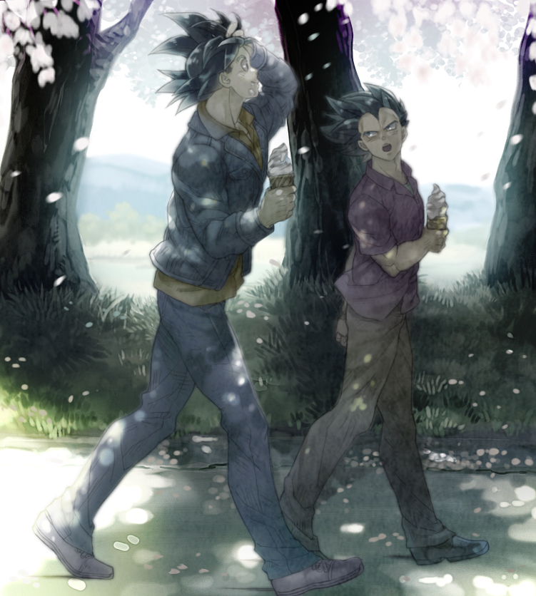 2boys, black_hair, collared_shirt, dragon_ball, dragon_ball_z, grass, hand_on_own_head, ice_cream_cone