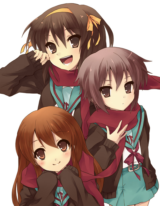 asahina_mikuru, cardigan, hijikini, multiple_girls, nagato_yuki, open_mouth, scarf, school_uniform
