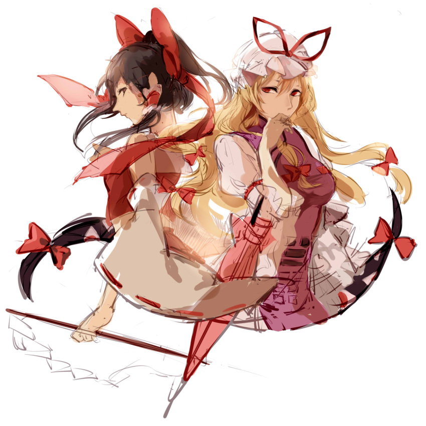2girls, back-to-back, black_hair, blonde_hair, bow, closed_umbrella, detached_sleeves, eyes
