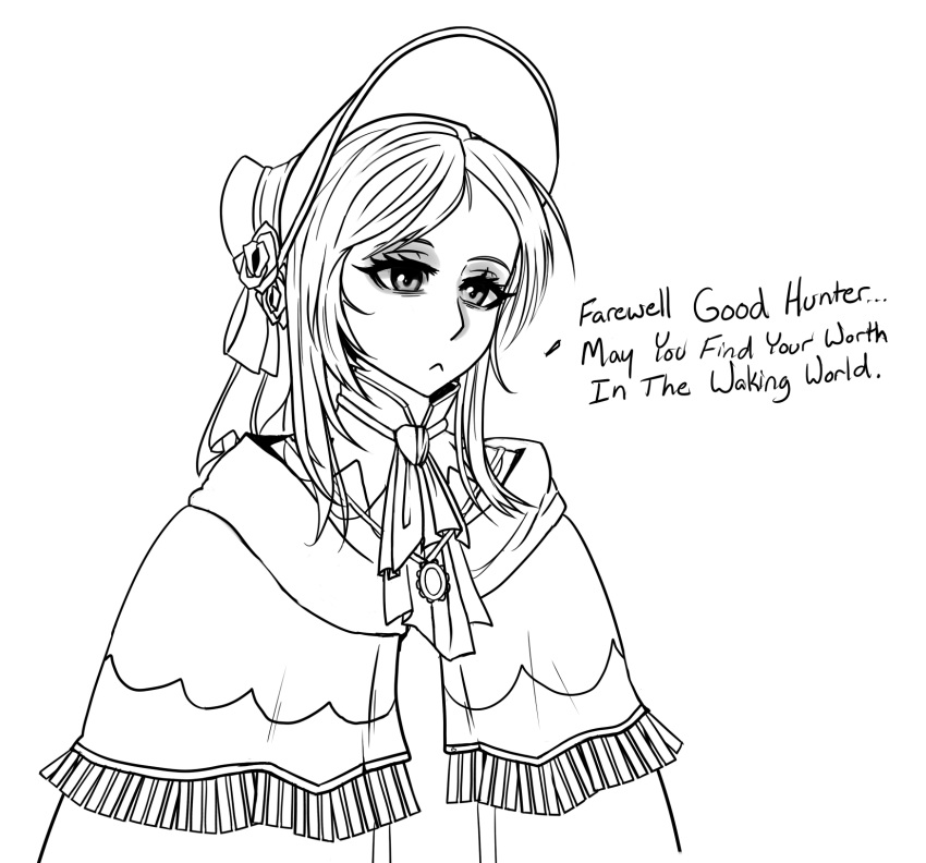 1girl, :<, ascot, bloodborne, bonnet, capelet, coat, collar, flower, froggle, greyscale, highres, jewelry, looking_away, monochrome, necklace, plain_doll, ribbon, short_hair, sketch, solo, tassel, text