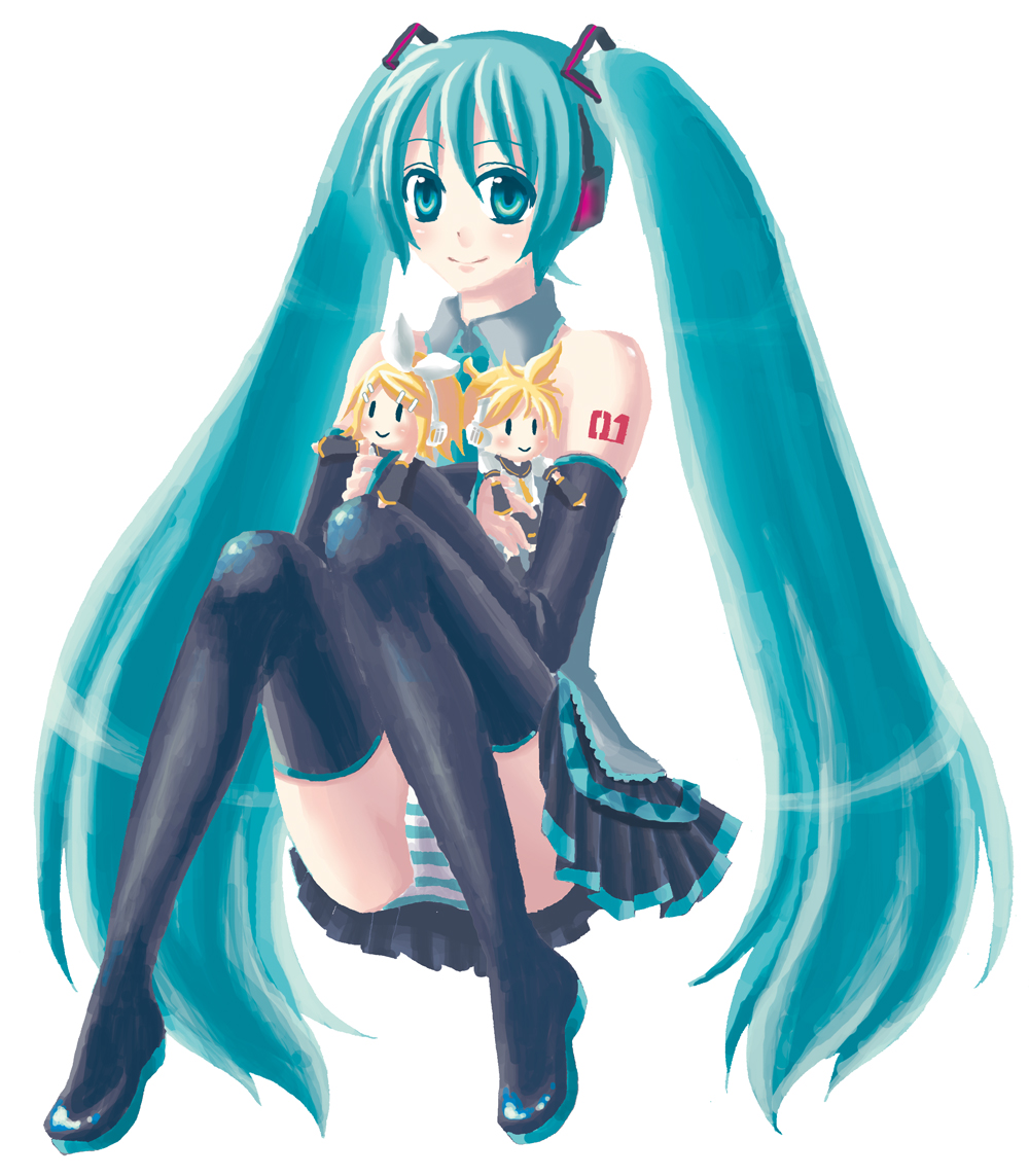 blonde_hair, blue_eyes, blue_hair, boots, chibi, detached_sleeves, doll, hair_ornament