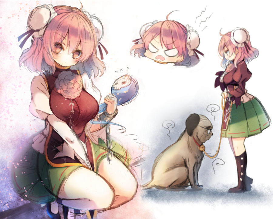 1girl, ahoge, angry, bandages, bangs, between_legs, blank_eyes, blush, boots, breasts, bun_cover, chibi, chinese_clothes, cuffs, dog, double_bun, eyebrows, eyebrows_visible_through_hair, flower, flying_sweatdrops, fume, ghost, glasses, grabbing, green_skirt, hand_between_legs, head_tilt, ibaraki_kasen, jinmenken, juliet_sleeves, kneehighs, large_breasts, leash, long_sleeves, looking_at_viewer, multiple_views, open_mouth, pink_eyes, pink_flower, pink_hair, piyokichi, pleated_skirt, profile, puffy_short_sleeves, puffy_sleeves, red_ribbon, ribbon, ribbon-trimmed_skirt, shackles, short_sleeves, sketch, skirt, standing, tabard, touhou, wavy_mouth, white_background, white_legwear