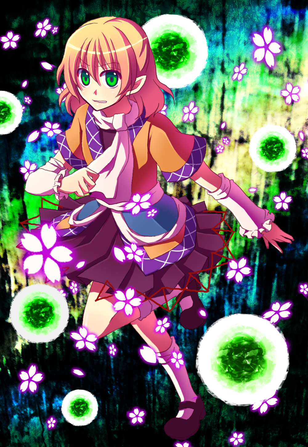 background, blonde_hair, danmaku, detached_sleeves, flower, green_eyes, highres, mary_janes