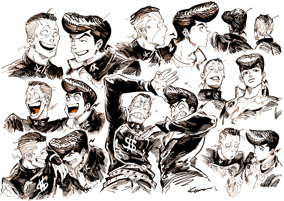2boys, arm_on_shoulder, artist_name, black_hair, expressions, gakuran, higashikata_jousuke, jojo_no_kimyou_na_bouken, kotteri, laughing, multiple_boys, nijimura_okuyasu, pompadour, school_uniform