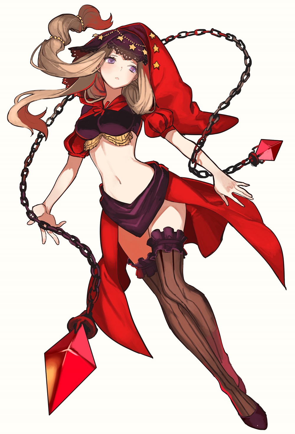 1girl, blonde_hair, bunko_(fumimatsu), chain, highres, hood, long_hair, midriff, navel, odin_sphere, solo, striped, striped_legwear, thigh-highs, velvet_(odin_sphere), vertical-striped_legwear, vertical_stripes, violet_eyes, weapon