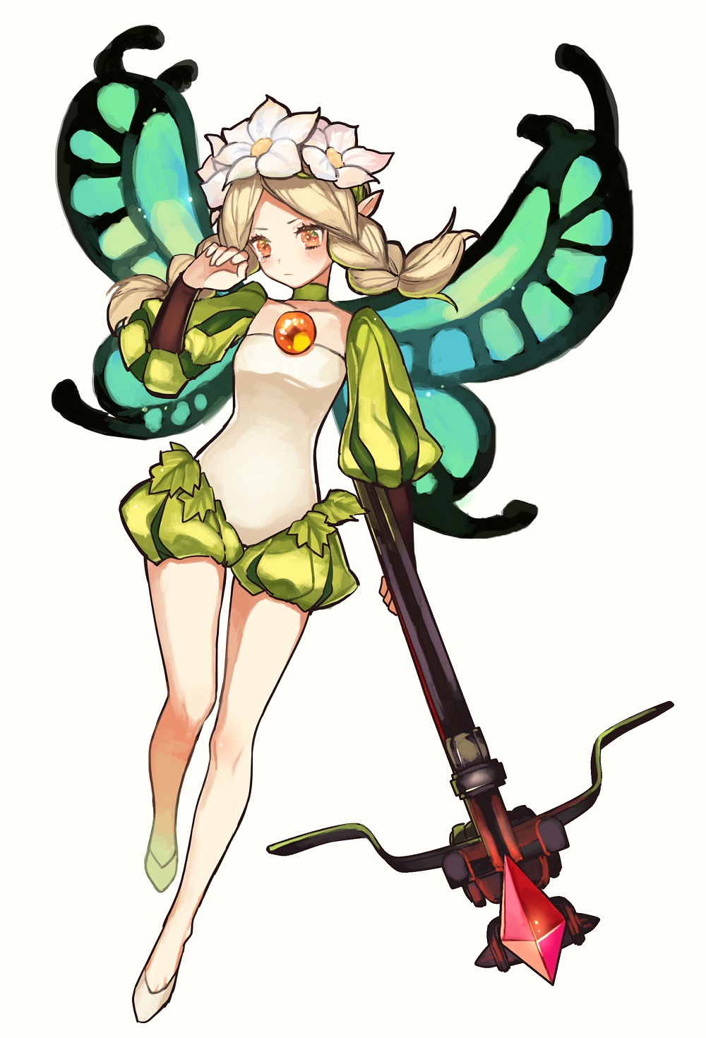 1girl, blonde_hair, bow_(weapon), braid, bunko_(fumimatsu), butterfly_wings, crossbow, fairy