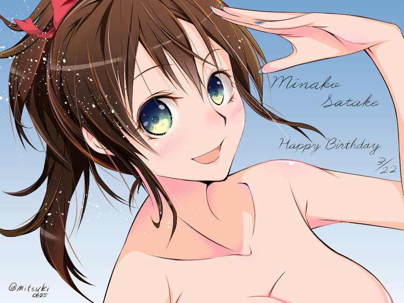 1girl, bangs, blue_nails, blush, bow, breasts, brown_hair, character_name