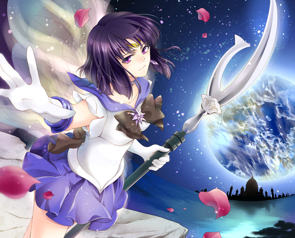 1girl, bishoujo_senshi_sailor_moon, black_hair, bow, brooch, brown_bow, castle, choker, elbow_gloves, expressionless, gloves, jewelry, looking_at_viewer, magical_girl, masaki_mitsuki, outstretched_hand, petals, planet, polearm, purple_skirt, sailor_collar, sailor_saturn, short_hair, silence_glaive, skirt, solo, spear, tiara, tomoe_hotaru, violet_eyes, weapon, white_gloves