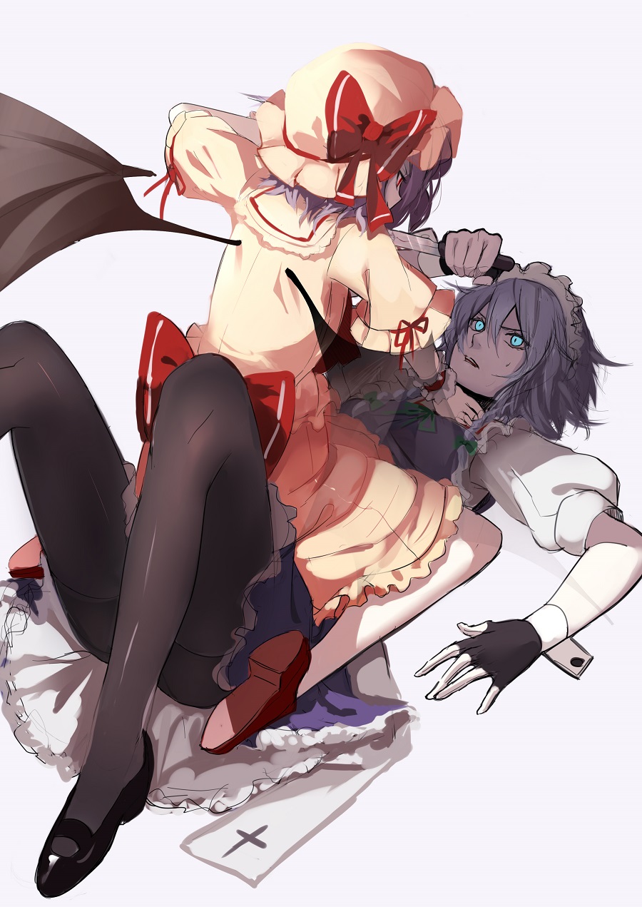 2girls, apron, arm_ribbon, bat_wings, black_gloves, black_legwear, black_shoes, blue_dress