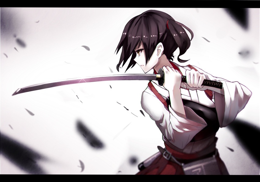 1girl, akagi_(kantai_collection), akagi_(kantai_collection)_(cosplay), black_hair, brown_eyes, fami_(yellow_skies), hakama_skirt, highres