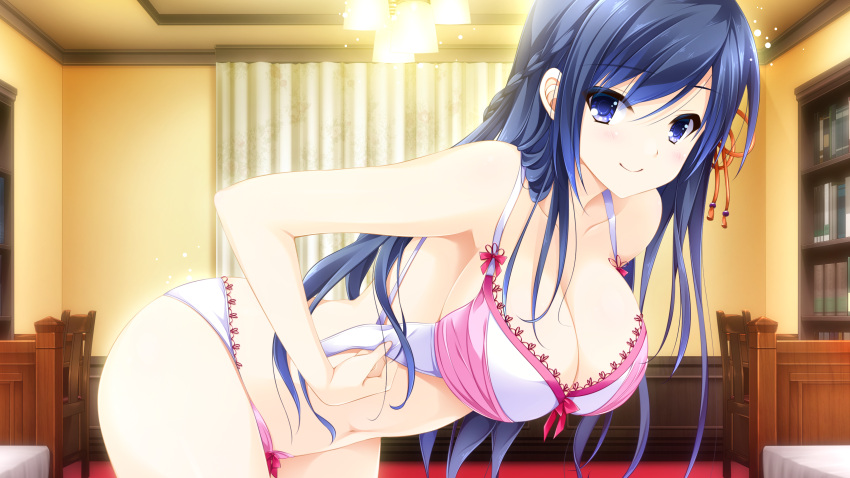 1girl, bent_over, blue_eyes, blue_hair, blush, book, bookshelf, bra, breasts, game_cg, hair_ornament, highres, large_breasts, long_hair, looking_at_viewer, makise_satsuki, otome_ga_irodoru_koi_no_essence, panties, pink_bra, pink_panties, room, smile, solo, underwear, underwear_only, undressing, zinno