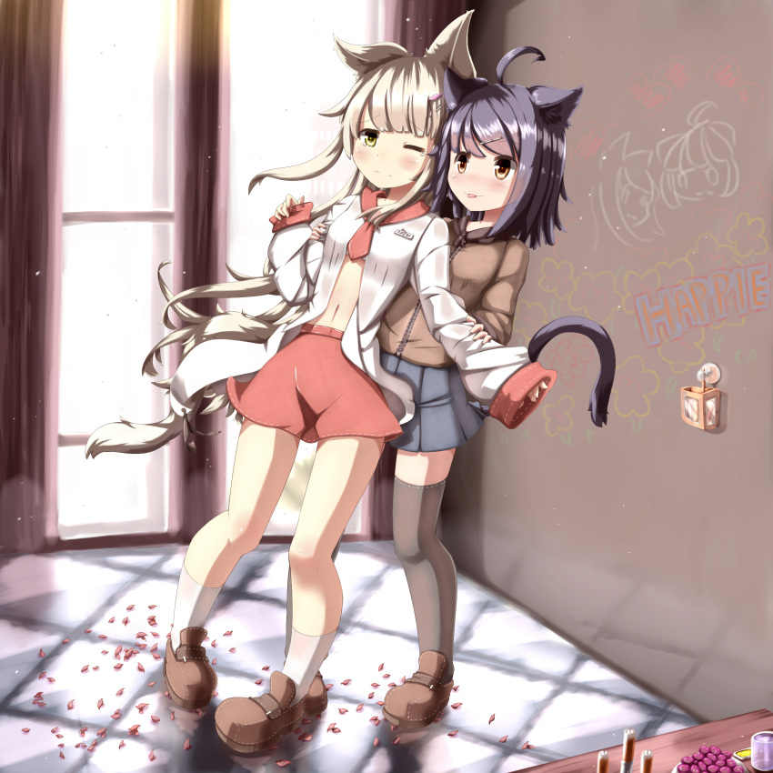 2girls, absurdres, ahoge, animal_ears, black_legwear, blonde_hair, blush, bra