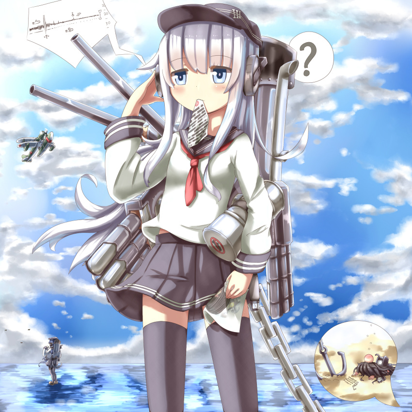 3girls, ?, absurdres, airplane, akatsuki_(kantai_collection), anchor, biplane, black_legwear