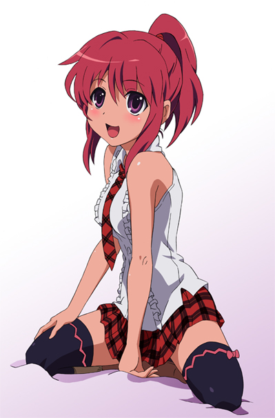alternate_costume, alternate_hairstyle, bare_shoulders, blush, kneeling, kushieda_minori, necktie, official_style, open_mouth, plaid, plaid_skirt, ponytail, purple_eyes, raichi_(pixiv), red_eyes, red_hair, redhead, skirt, sleeveless_shirt, smile, solo, tartan, thigh-highs, thighhighs, toradora!, zettai_ryouiki