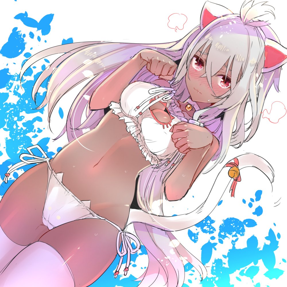 1girl, animal_ears, bell, bell_choker, bell_collar, blush, bra, cat_cutout
