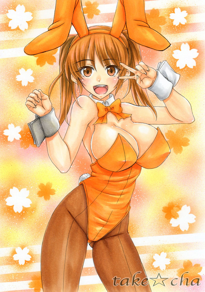 1girl, :d, animal_ears, armpits, artist_name, blush, bow, bowtie