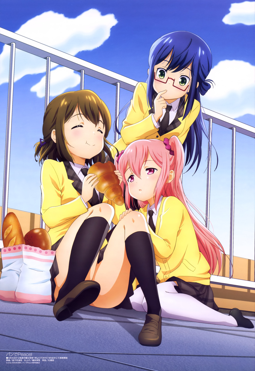 3girls, :t, ^_^, absurdres, aizawa_yuu_(pan_de_peace!), bag, baguette, blazer