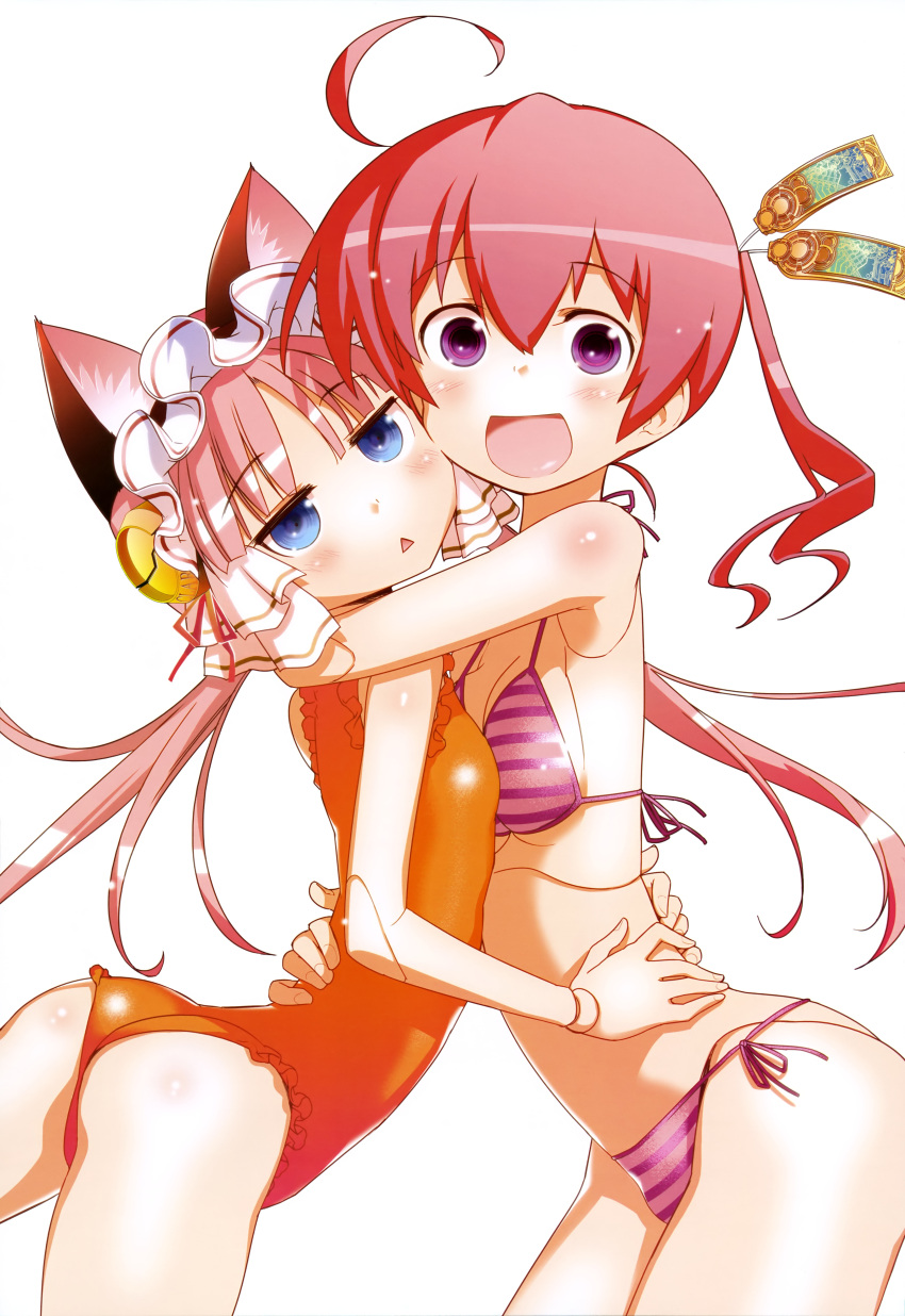 2girls, :d, absurdres, ahoge, android, animal_ears, bikini, blue_eyes, breast_press, cat_ears, clarion, cyborg, doll_joints, happy, highres, hug, koukaku_no_pandora, long_hair, multiple_girls, nanakorobi_nene, official_art, one-piece_swimsuit, open_mouth, pink_hair, redhead, smile, swimsuit, triangle_mouth, violet_eyes, white_background, yuri