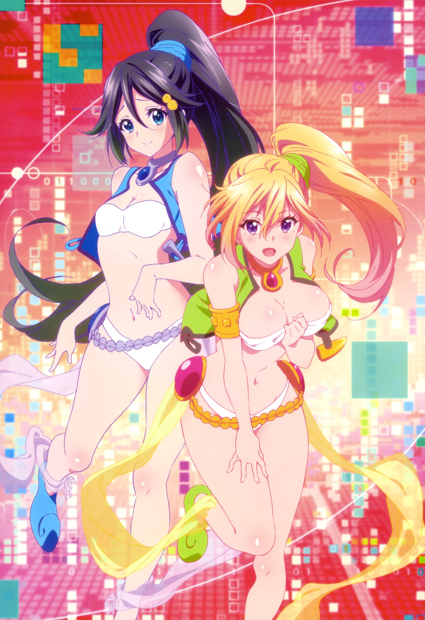 2girls, :d, absurdres, alternate_color, black_hair, blonde_hair, blue_eyes, blush, breasts, cleavage, cosplay, hair_ornament, hairpin, happy, highres, izumi_reina, kawakami_mai, long_hair, matching_outfit, mole, mole_under_eye, multiple_girls, musaigen_no_phantom_world, official_art, open_mouth, ponytail, ruru_(phantom_world), ruru_(phantom_world)_(cosplay), sawa_shinpei, smile, violet_eyes