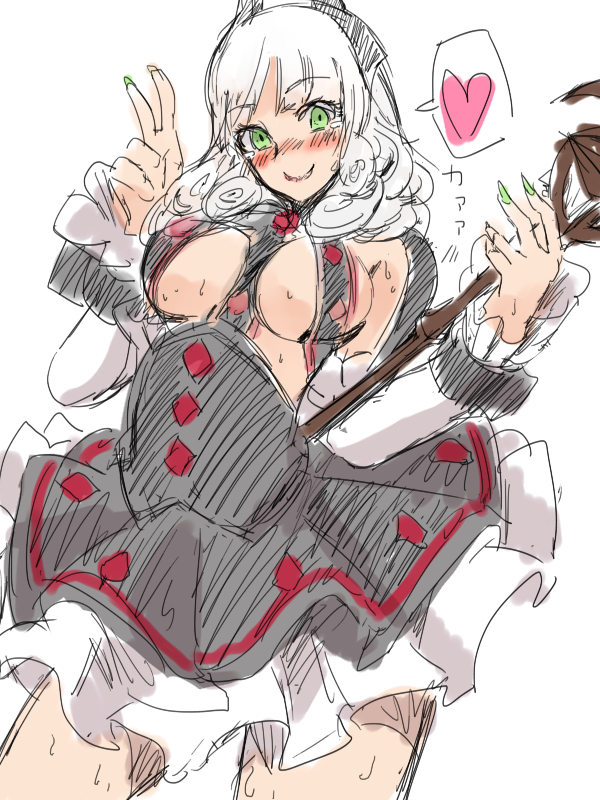 bangs, between_breasts, black_dress, blunt_bangs, blush, breasts, carmilla_(fate/grand_order), curly_hair