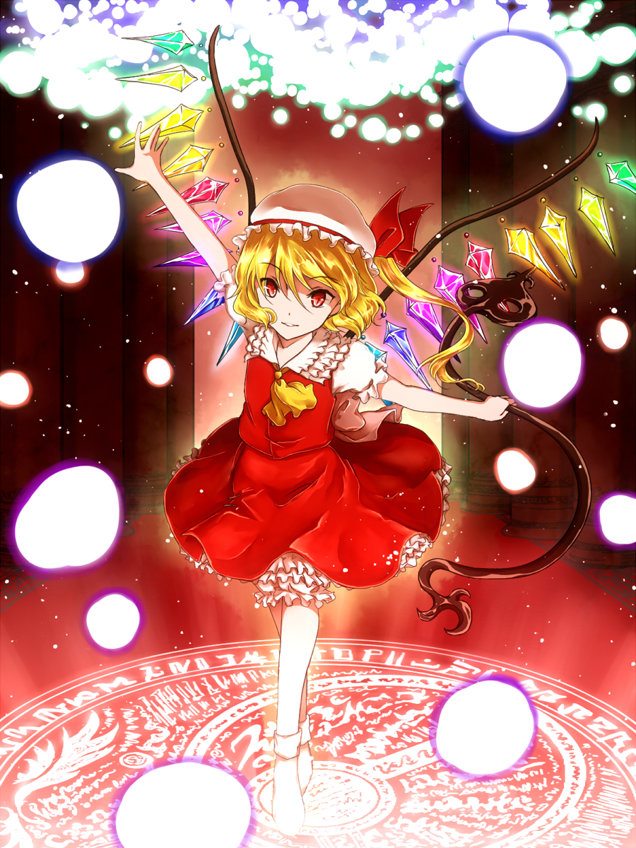 1girl, ascot, blonde_hair, bloomers, blouse, bow, crystal, danmaku, flandre_scarlet, hat, hat_bow, hat_ribbon, highres, laevatein, magic_circle, mm17, mob_cap, puffy_sleeves, red_eyes, ribbon, short_sleeves, side_ponytail, skirt, skirt_set, solo, touhou, underwear, vest, wings, wrist_cuffs