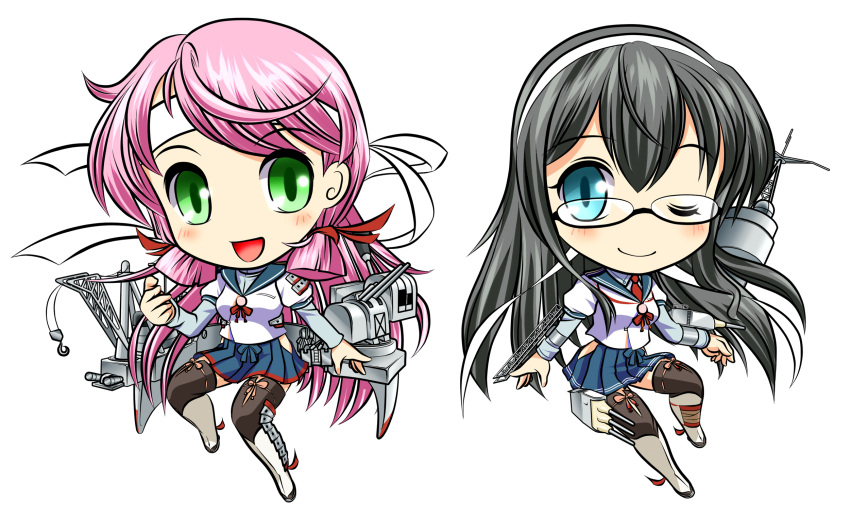2girls, aircraft_catapult, akaguro-san, akashi_(kantai_collection), armor, bandana, black_hair, blue_eyes