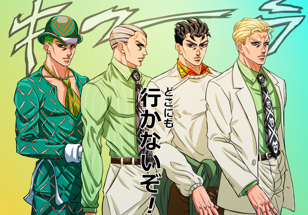 aqua_eyes, black_eyes, black_hair, blonde_hair, bowler_hat, c-7_(assate), formal, frown