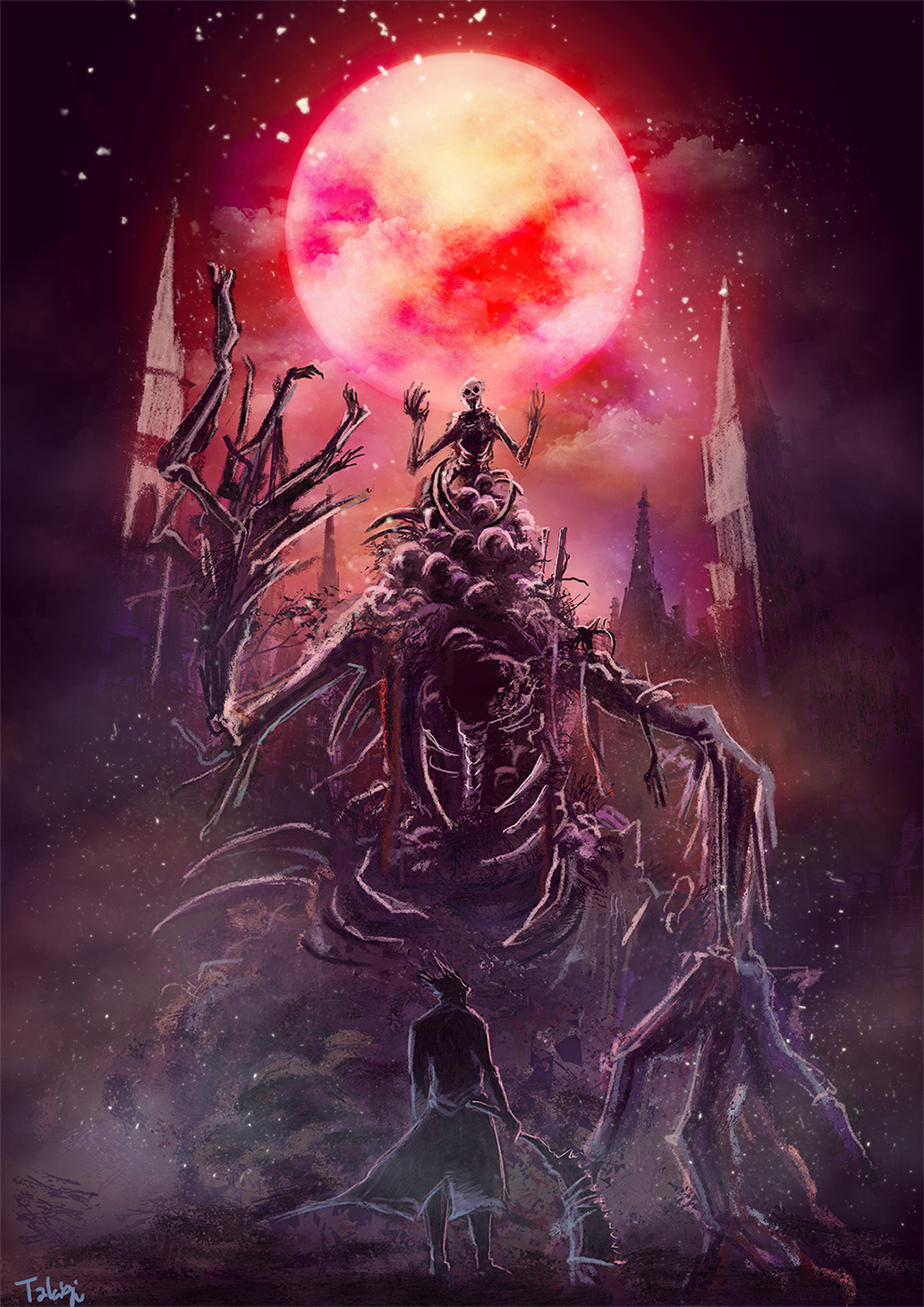 1boy, battle, bloodborne, hat, highres, horror, hunter_(bloodborne), monster, moon, red_moon, ribs, saw_cleaver, star, takigi_(takigi-bf), the_one_reborn, trench_coat