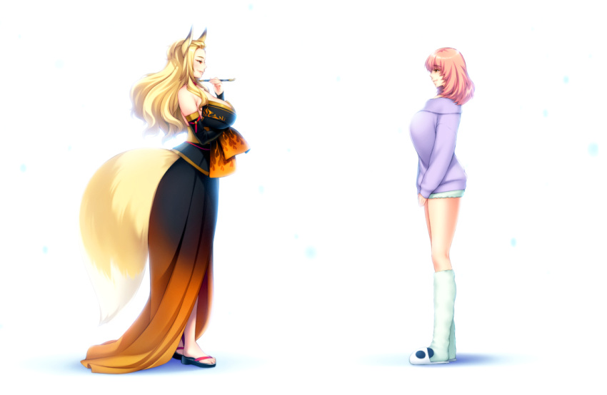 2girls, akeiro_kaikitan, animal_ears, blonde_hair, breasts, fox_ears, fox_tail, game_cg