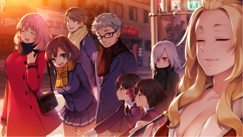 6+girls, akeiro_kaikitan, blonde_hair, blue_eyes, blush, breasts, game_cg, hair_ornament
