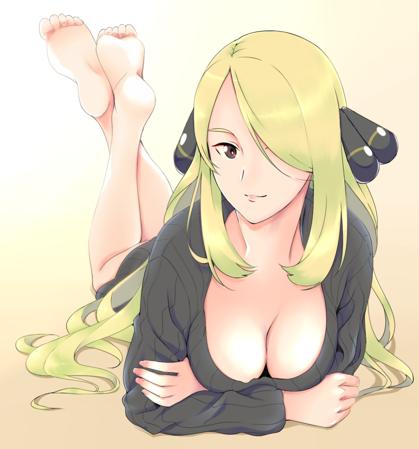 1girl, barefoot, blonde_hair, breasts, brown_eyes, cleavage, egooo, hair_ornament, hair_over_one_eye, highres, pokemon, pokemon_(game), pokemon_dppt, shirona_(pokemon), solo, sweater