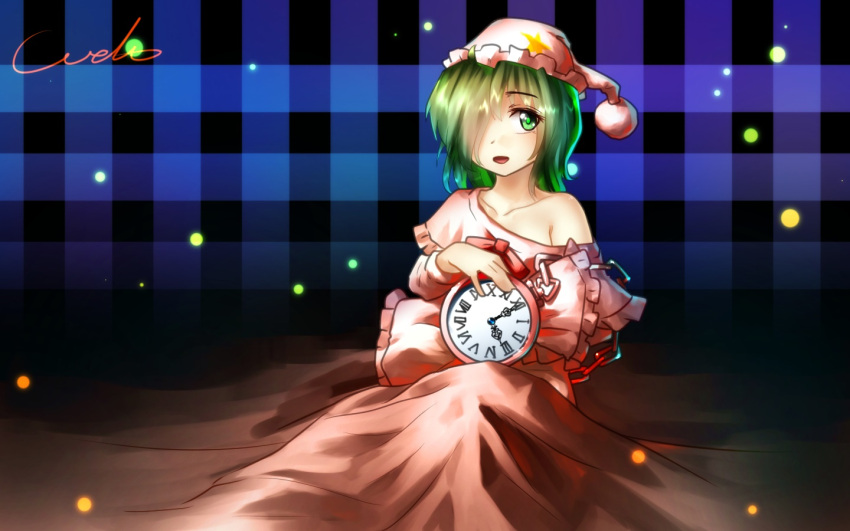 1girl, bed_sheet, black_background, blue_background, bow, clock, frilled_capelet, frilled_pillow