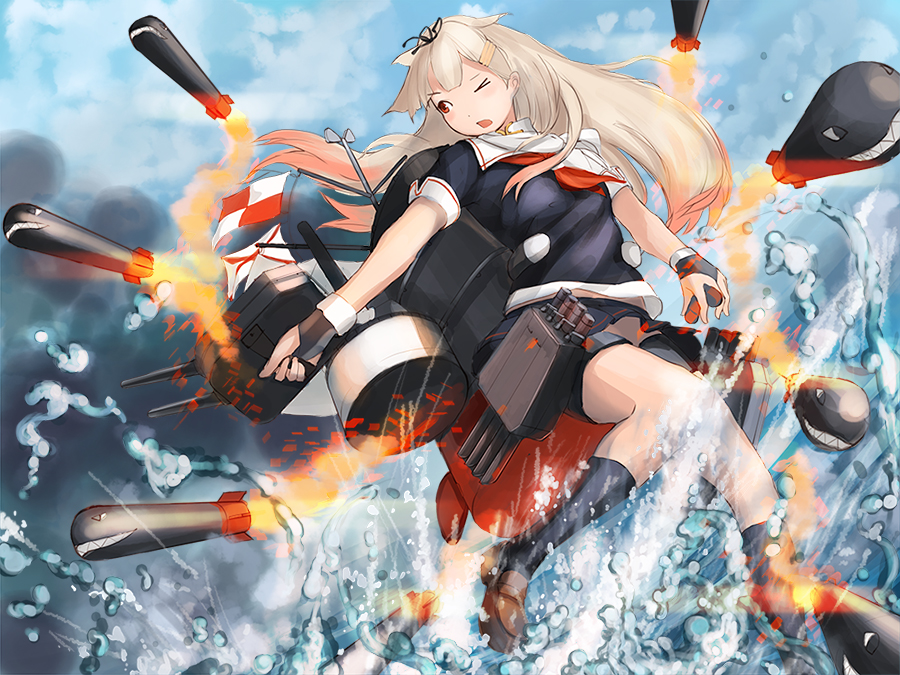 >_o, 1girl, black_gloves, black_ribbon, black_serafuku, black_skirt, blonde_hair, brown_shoes