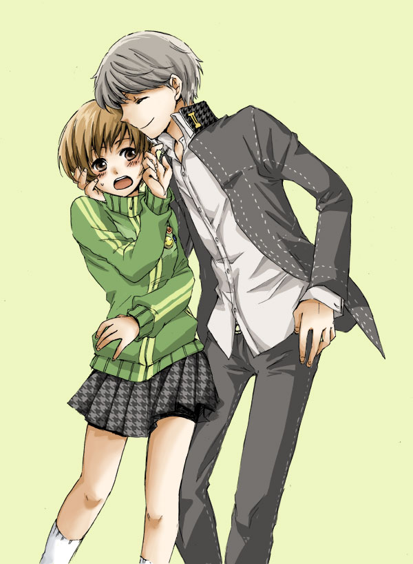 blush, brown_eyes, brown_hair, closed_eyes, couple, embarrassed, grey_hair, hand_on_hip, hug, mysk918, narukami_yuu, persona, persona_4, satonaka_chie, school_uniform, seta_souji, short_hair, simple_background, sweatdrop, tomboy