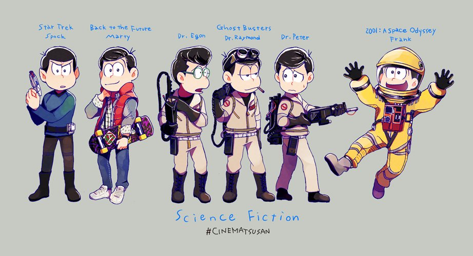 2001_a_space_odyssey, 6+boys, alternate_hairstyle, back_to_the_future, bangs, black_hair, brothers, character_name