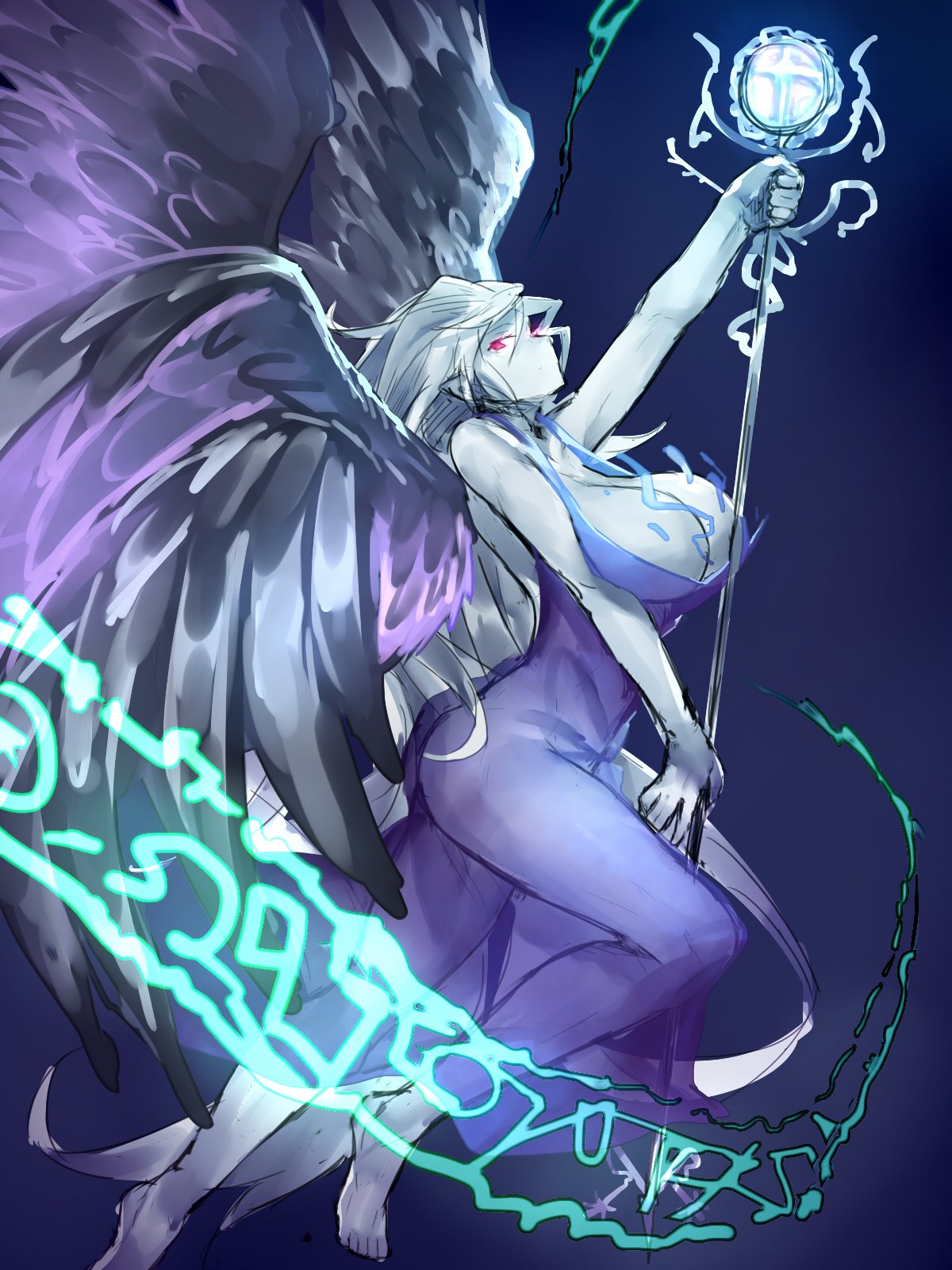 1girl, angel_wings, blue_dress, breasts, cleavage, commentary_request, dress, highres, large_breasts, long_hair, looking_at_viewer, multiple_wings, pale_skin, profile, red_eyes, sariel, see-through, seraph, silver_hair, solo, staff, temmasa22, touhou, touhou_(pc-98), wings