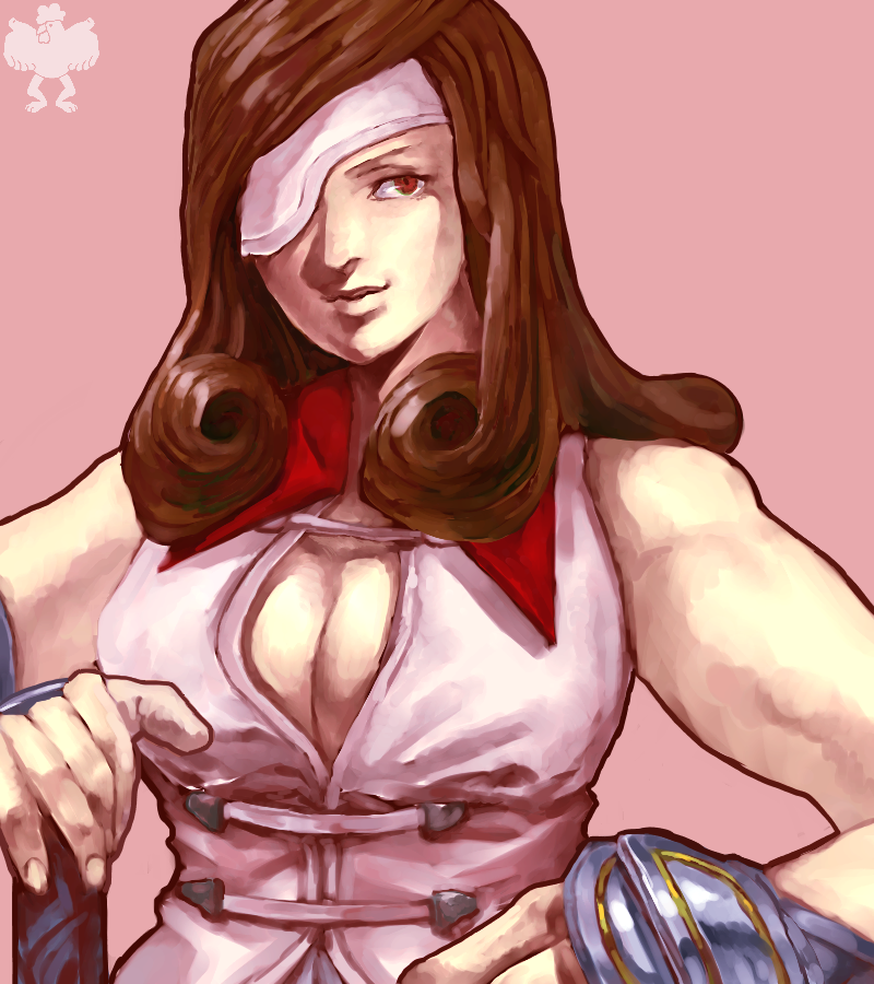 1girl, armor, beatrix, breasts, brown_eyes, brown_hair, cleavage, eyepatch, final_fantasy, final_fantasy_ix, gloves, hilt, kurasquall, long_hair, solo, sword, weapon