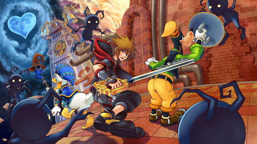 1boy, absurdres, bird, blue_eyes, blue_hat, brown_hair, castle, clouds