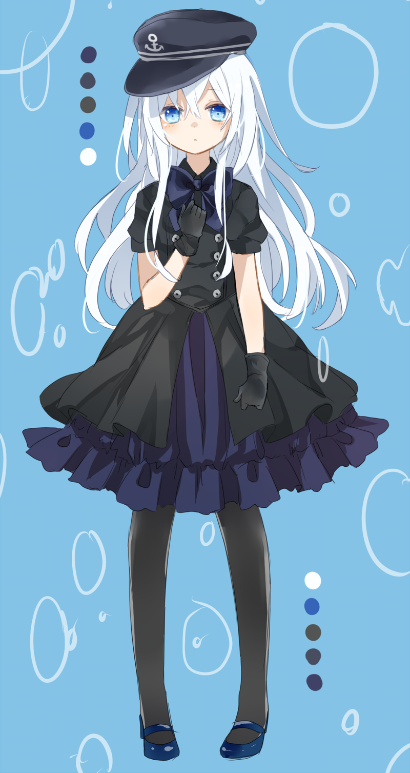 1girl, :o, alternate_costume, anchor_symbol, arm_at_side, black_dress, black_gloves, black_hat