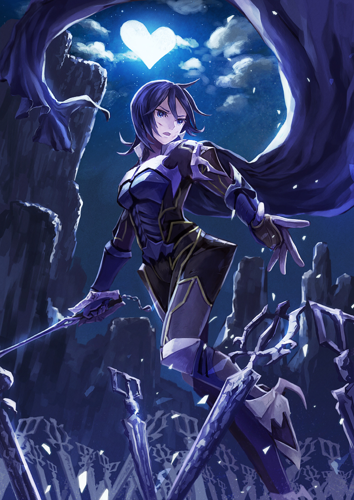 1girl, akizuno, aqua_(kingdom_hearts), armor, blue_eyes, blue_hair, cape, clouds, gloves, kingdom_hearts, kingdom_hearts_birth_by_sleep, night, short_hair, sky, solo, sword, weapon
