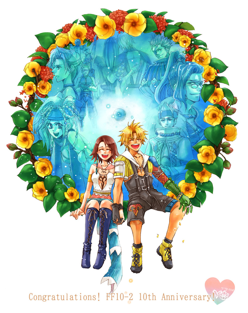 4girls, 6+boys, bad_id, bad_pixiv_id, baralai, blonde_hair, blush, boots, breasts, brother_(ff10), brown_hair, buddy_(ff10), copyright_name, english_text, final_fantasy, final_fantasy_x, final_fantasy_x-2, gippal, gunner_(final_fantasy), highres, jewelry, lenne, long_hair, medium_breasts, multiple_boys, multiple_girls, murata_(koto8416), necklace, nooj, paine_(ff10), rikku_(ff10), shinra_(ff10), short_hair, shuyin, smile, thief_(final_fantasy), tidus, yuna_(ff10)