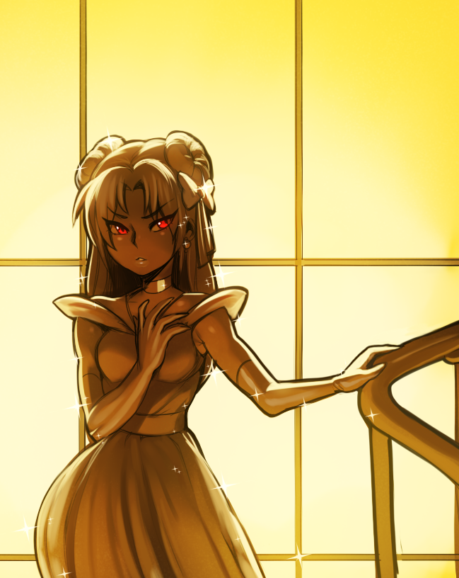 1girl, alternate_hair_length, alternate_hairstyle, aniece_(nitrotitan), choker, contrapposto, double_bun, dress