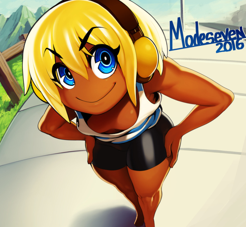 1girl, ami_dixie, barefoot, bike_shorts, blonde_hair, dark_skin, downblouse, eyebrows