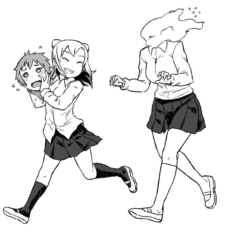 2girls, blouse, breasts, demi-chan_wa_kataritai, disembodied_head, double_bun, dullahan, fangs