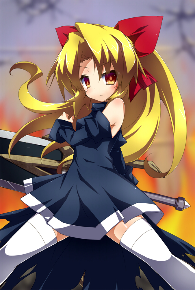 1girl, black_dress, blonde_hair, blush, bow, chikyuujin_a, detached_sleeves, dress, fighting_stance, hair_bow, holding, holding_weapon, huge_weapon, long_hair, looking_at_viewer, needless, ponytail, seto_(needless), short_dress, sleeveless, sleeveless_dress, solo, standing, sword, thigh-highs, weapon, white_legwear, yellow_eyes