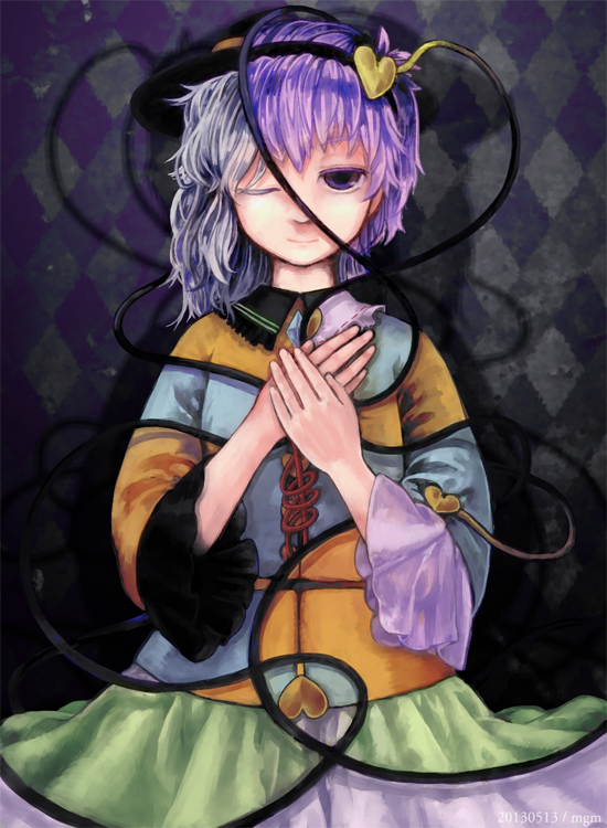 1girl, 2013, 2girls, argyle, argyle_background, colored_eyelashes, dated, hairband, hands_on_own_chest, hands_together, heart, komeiji_koishi, komeiji_satori, light_smile, megum, multiple_girls, one_eye_closed, purple_hair, short_hair, siblings, silver_hair, sisters, string, touhou, wide_sleeves
