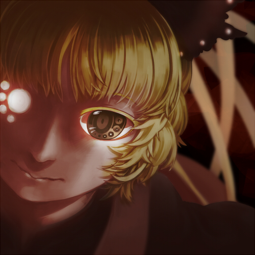 1girl, bangs, blonde_hair, blunt_bangs, brown, brown_eyes, colored_eyelashes, compound_eyes, dark, face, kurodani_yamame, looking_at_viewer, lowres, megum, one-eyed, solo, touhou