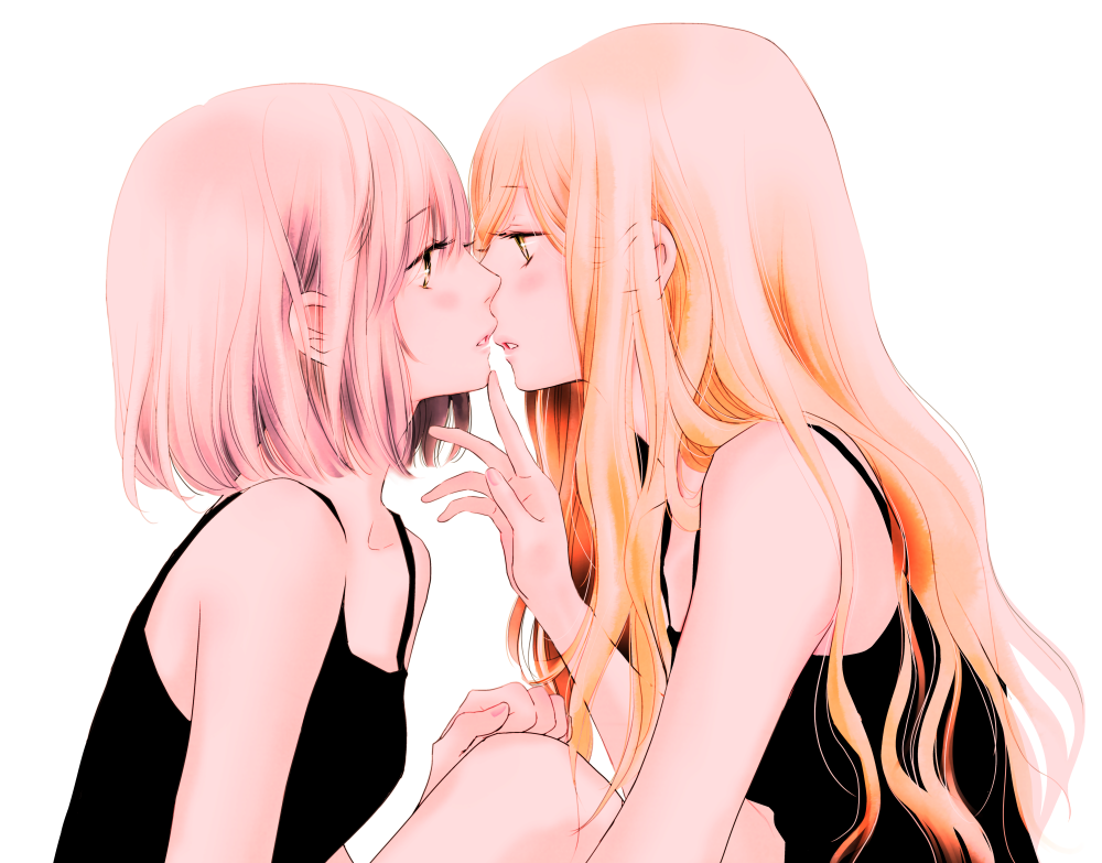 2girls, black_dress, blonde_hair, brown_eyes, dress, eye_contact, finger_to_another's_chin, incipient_kiss