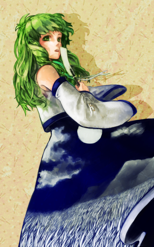 1girl, bare_shoulders, clouds, detached_sleeves, field, from_side, full_moon, gohei