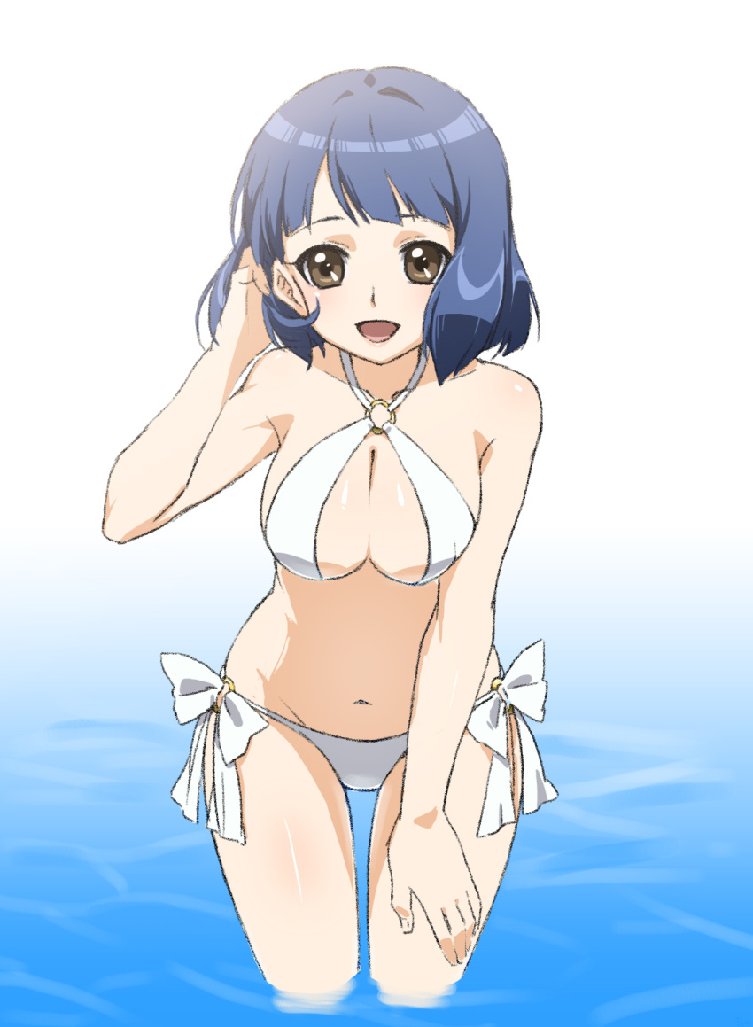 1girl, bikini, blue_hair, brown_eyes, chiyo_(no3baki), criss-cross_halter, halter_top, halterneck, highres, leaning_forward, seaside_muramoto, short_hair, solo, standing, swimsuit, tag_force, yuu-gi-ou